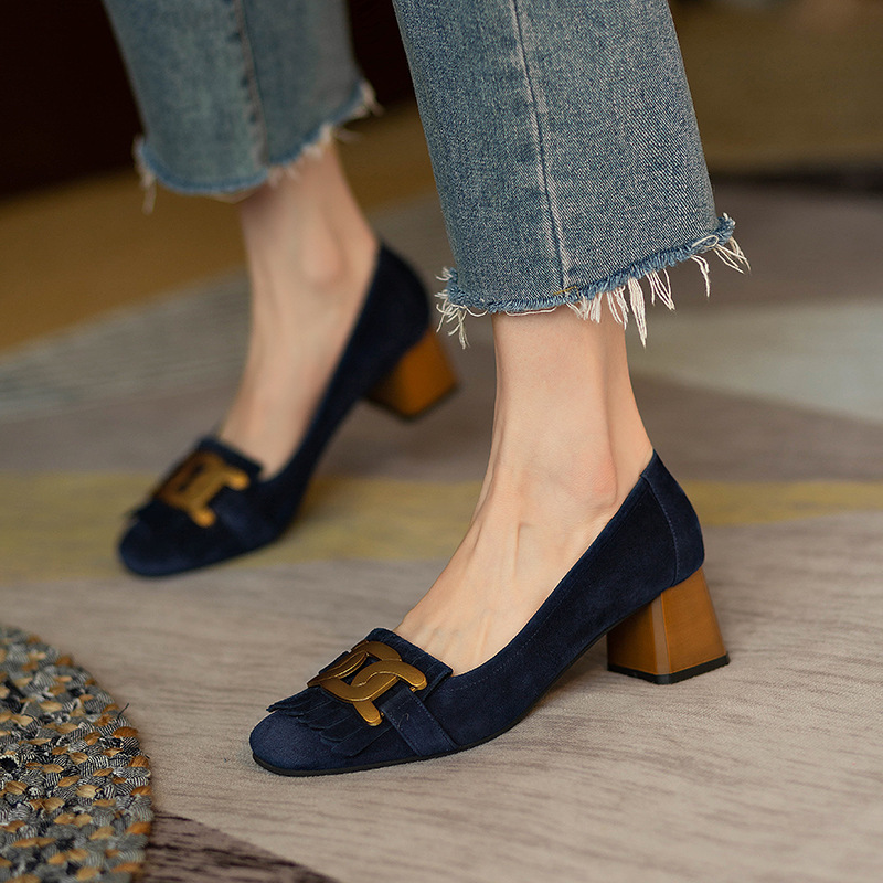 Square-toe Metal-buckle Chunky-heel Womens Shoes