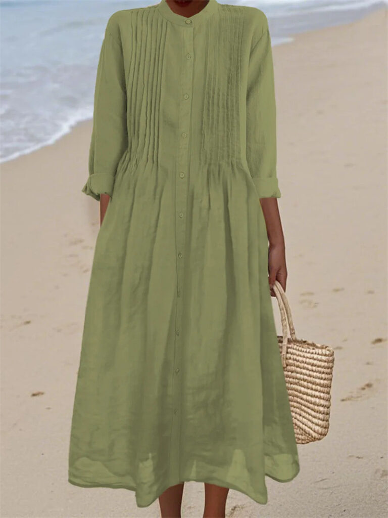 Long-sleeve Cotton-linen Womens Dress With A Shirt Collar