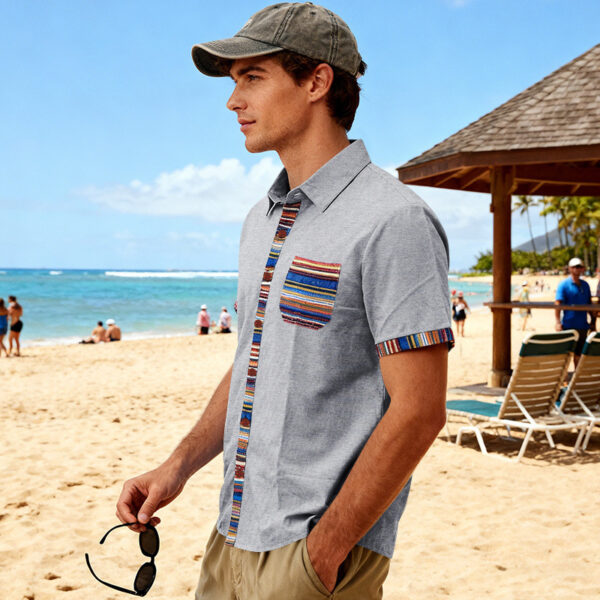 Men's Contrasting-Color Beach Short-Sleeve Casual Shirt - Image 19