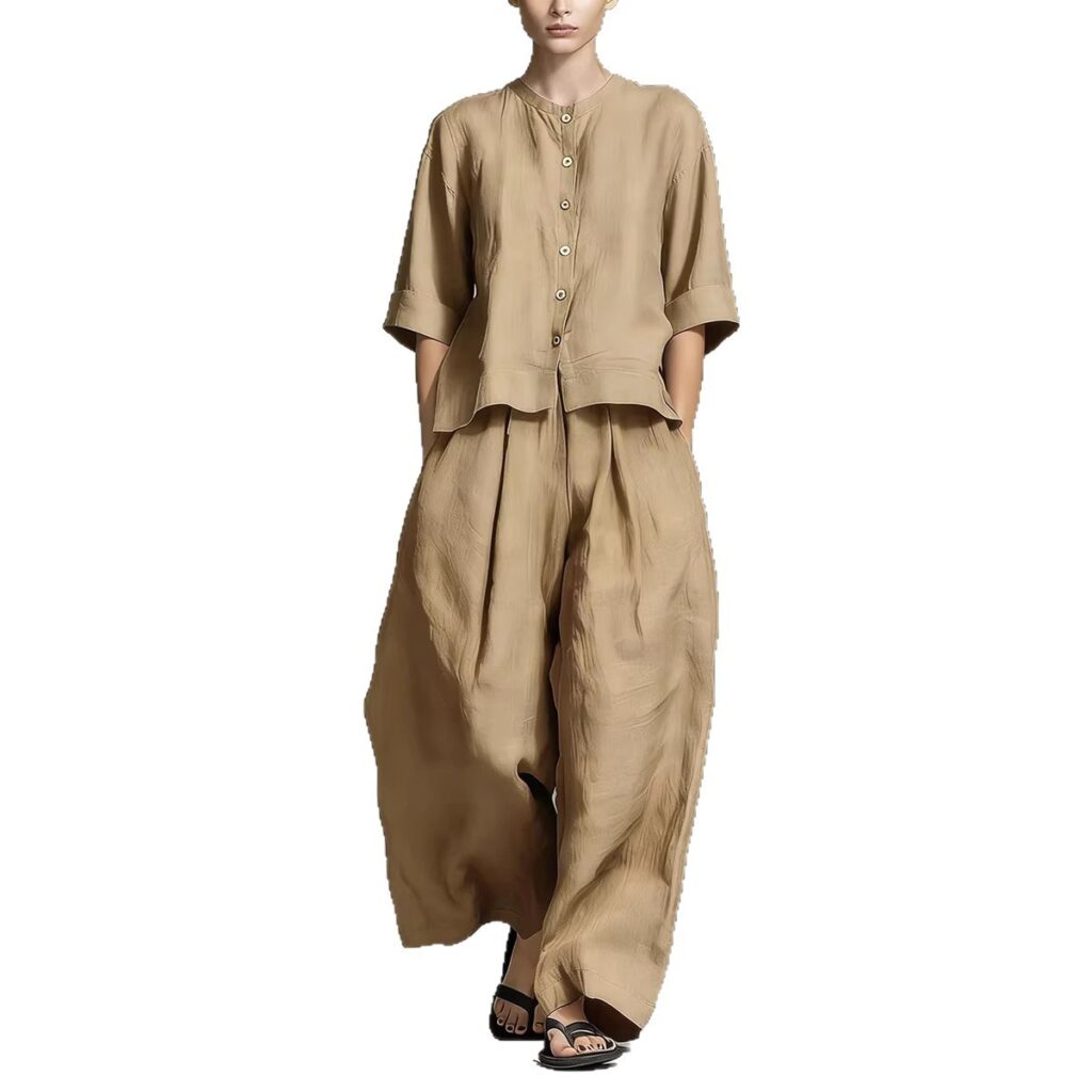Solid-color Cotton-linen Shirt And Loose-fitting Trousers Two-piece Set