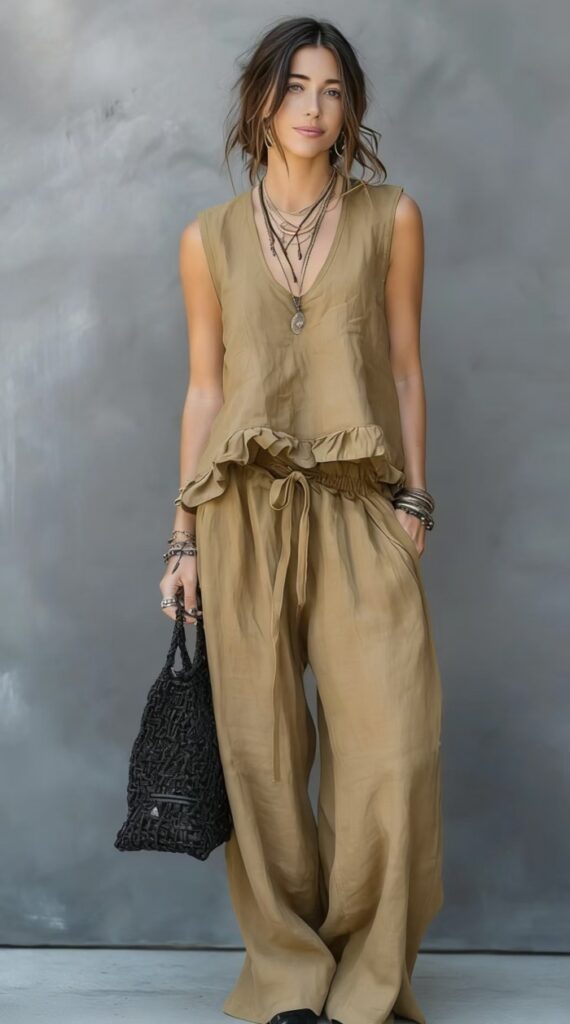 V-neck Sleeveless Ruffled Hem Dark Gray Casual Set