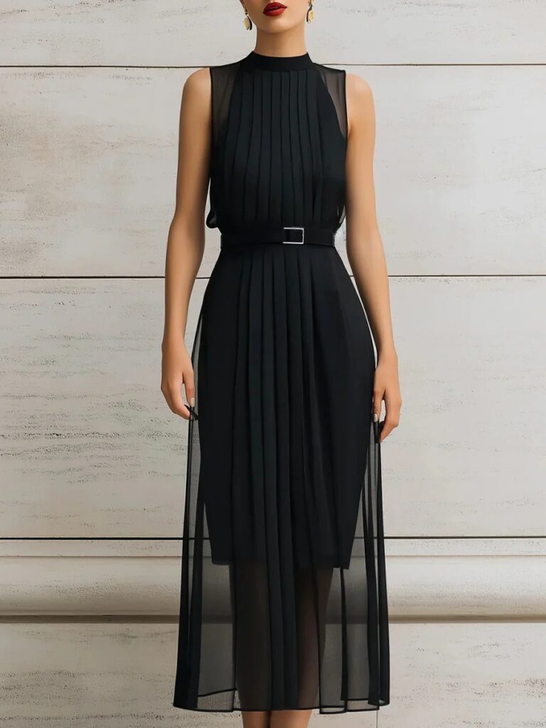 Womens Black Mesh-Panel High-Neck Sleeveless Dress
