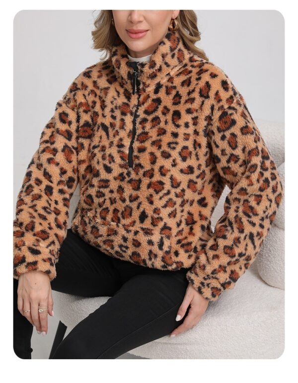 Fashionable Lambswool Fleece Leopard-Print Jacket Fleece Sweater Hoodie - Image 3
