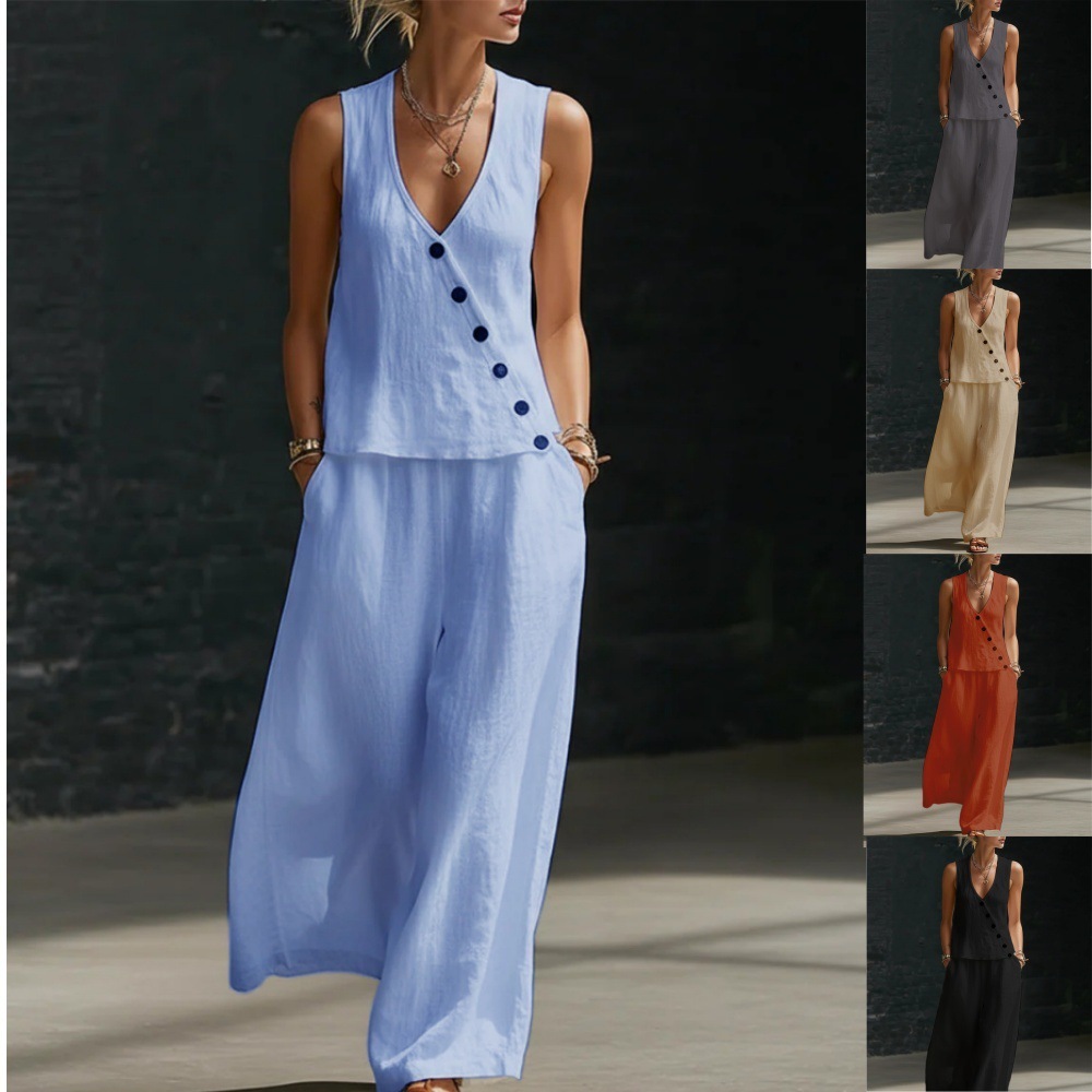 Sleeveless V-neck Button-up Top And Solid-color Pants Casual Set - Image 1