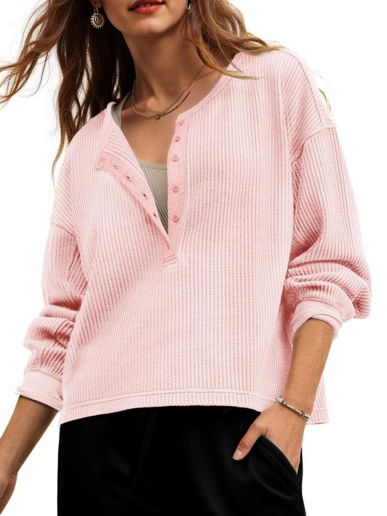 Fisoew Womens Cropped Sweatshirt Casual Waffle Knit Button V Neck Long Sleeve Loose Fit Fall Crop Tops