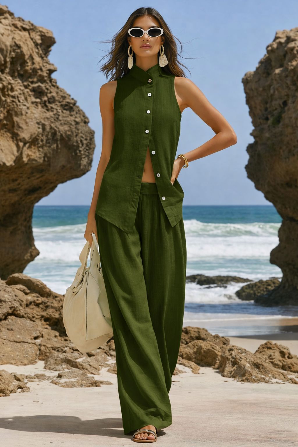 Front-button Cardigan Cotton Top And Pants Set - Image 3
