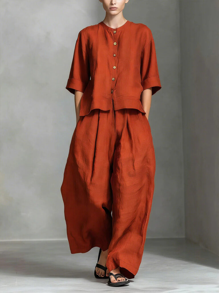 Solid-color Cotton-linen Shirt And Loose-fitting Trousers Two-piece Set