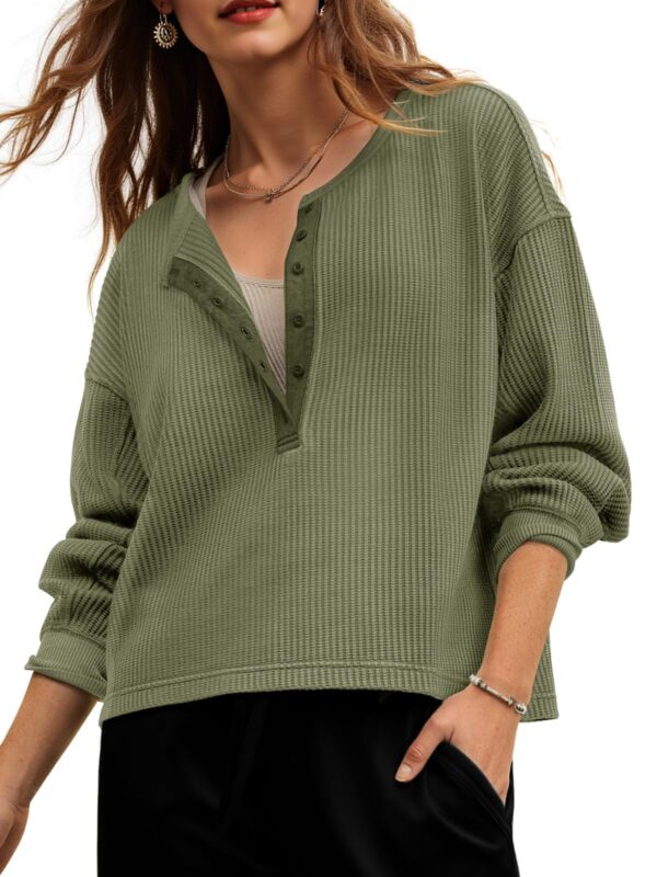Fisoew Womens Cropped Sweatshirt Casual Waffle Knit Button V Neck Long Sleeve Loose Fit Fall Crop Tops - Image 18