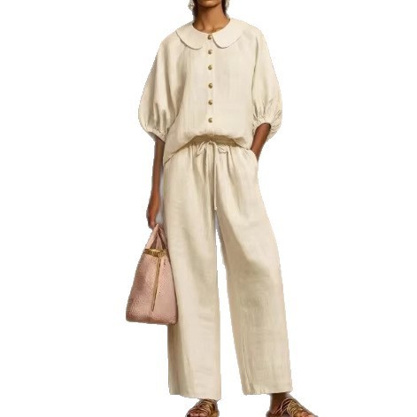 Fashionable Collar Shirt And Wide-Leg Pants Linen Two-Piece Set - Image 10