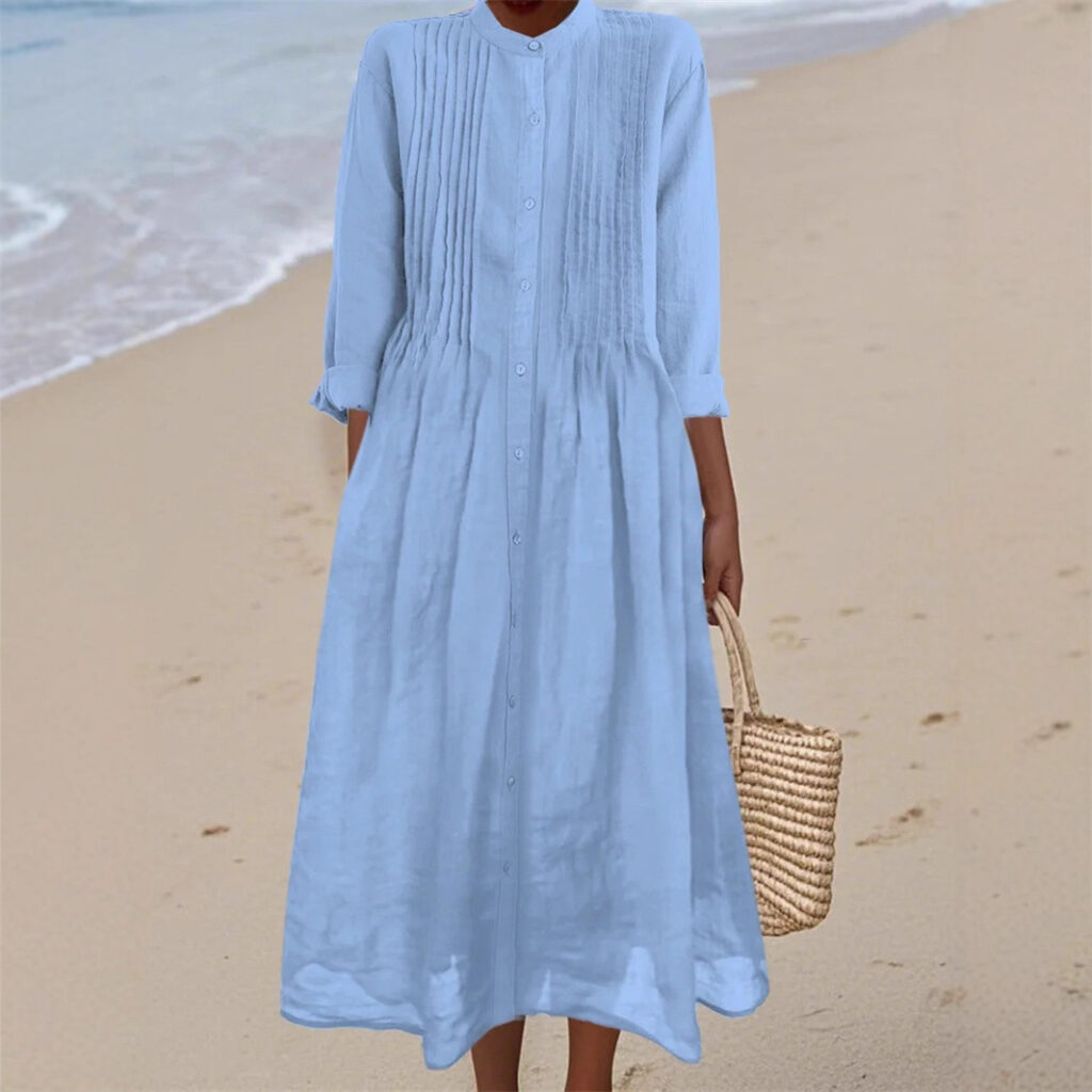 Long-sleeve Cotton-linen Womens Dress With A Shirt Collar