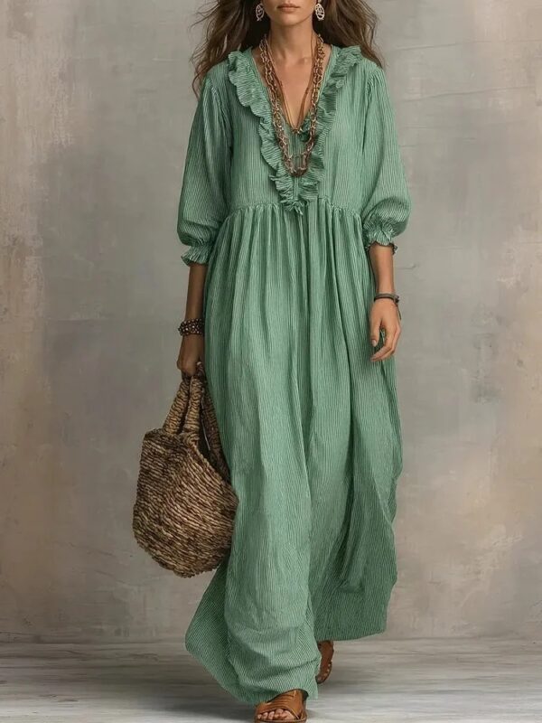 Womens Striped Ruffle-Trimmed Loose High-Waist V-Neck Dress - Image 3