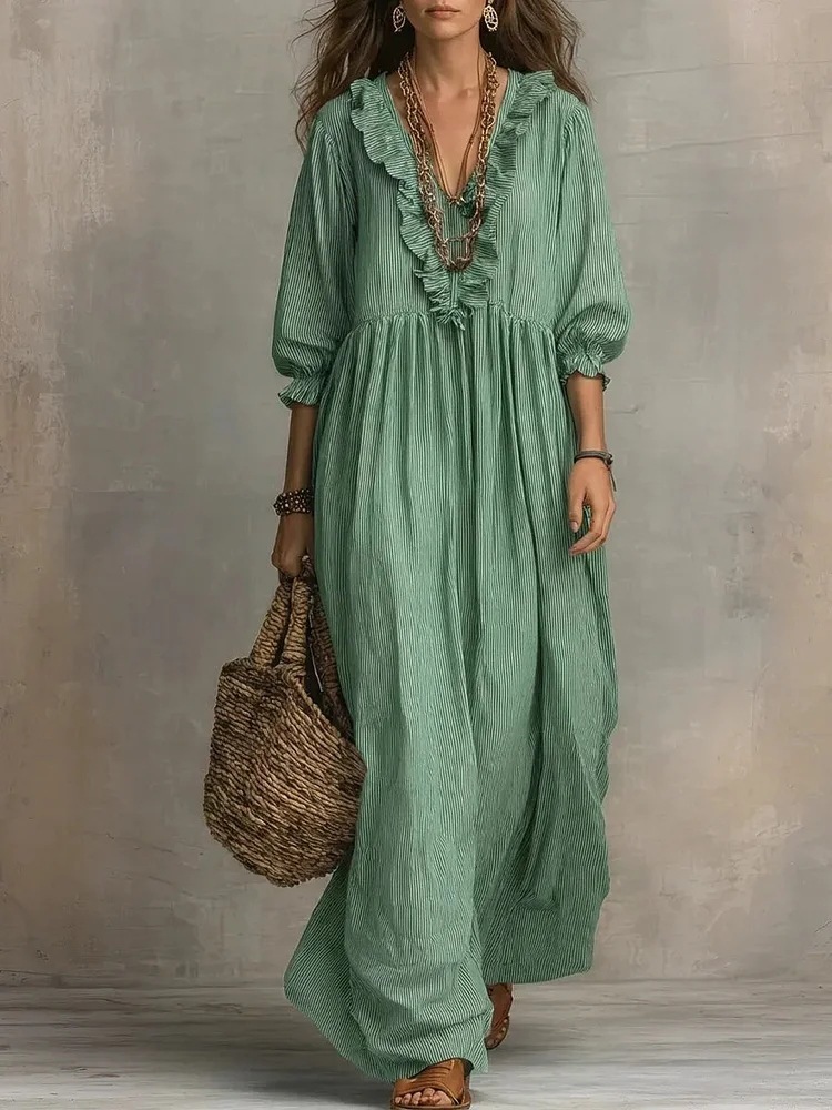Womens Striped Ruffle-Trimmed Loose High-Waist V-Neck Dress - Image 3
