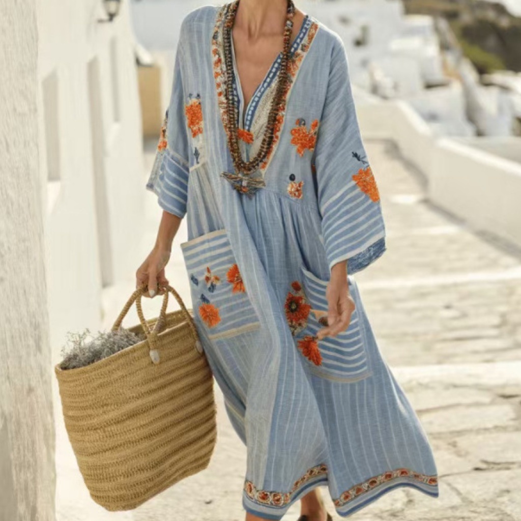 Beach Vacation Long Striped Embroidered Dress - Image 1