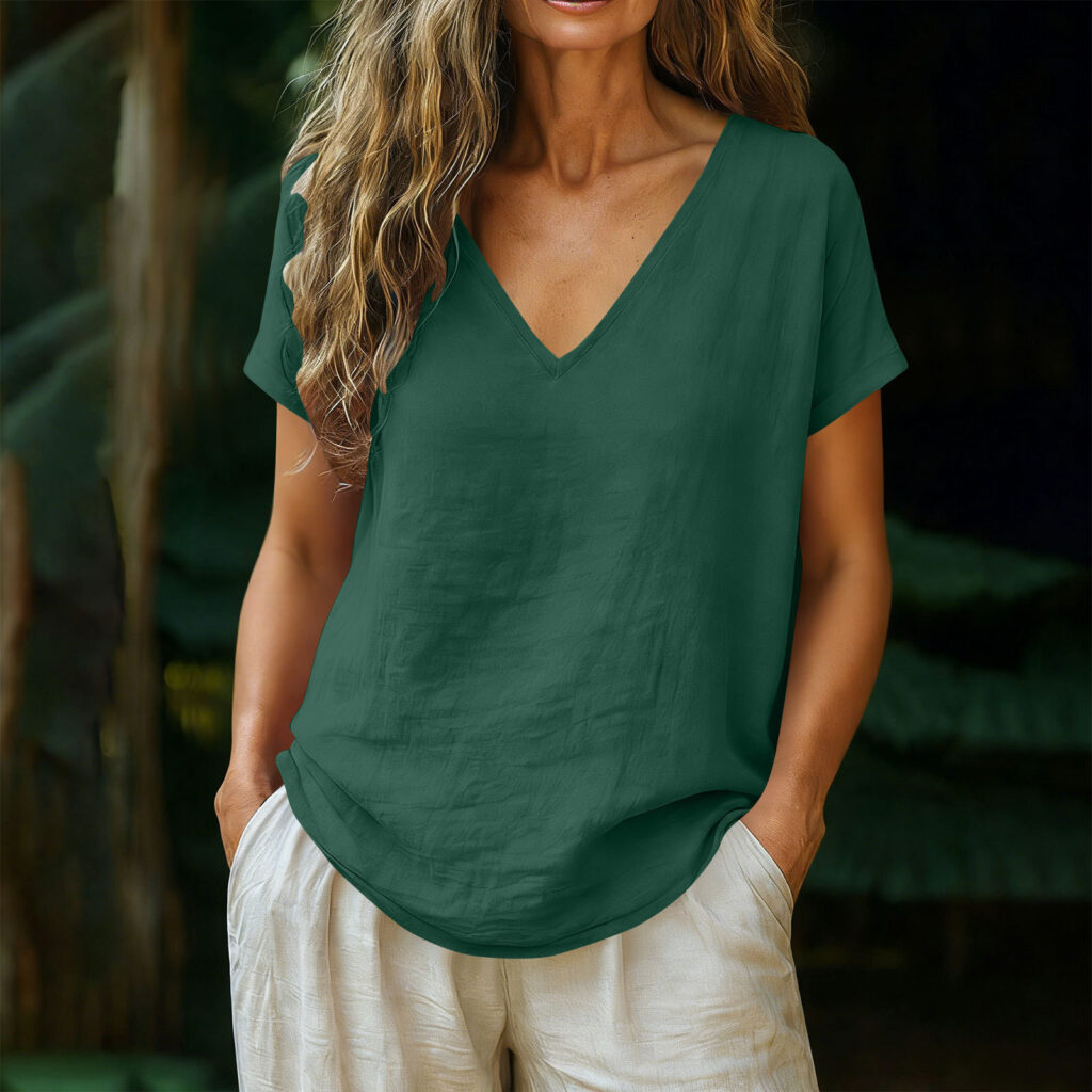 Women's Cotton-Linen Short-Sleeve V-Neck Pullover Top