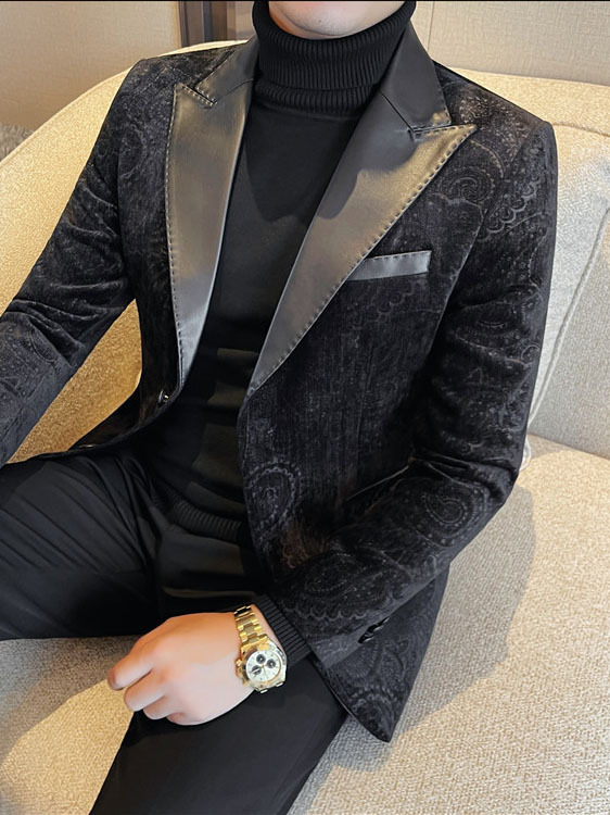 Jacquard Velvet Leather Lapel Men's Blazer - Image 5