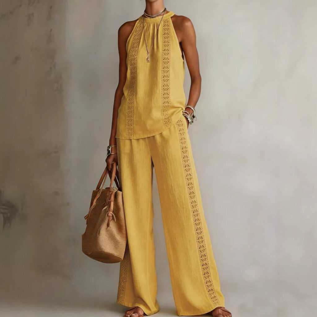 Womens Retro Lace Sleeveless Top And Wide-Leg Pants Two-Piece Set