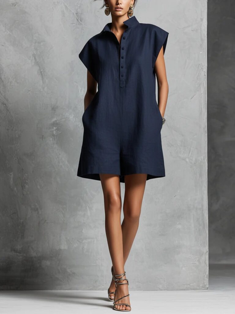 Women's Casual Lapel-Neck Sleeveless Short Jumpsuit