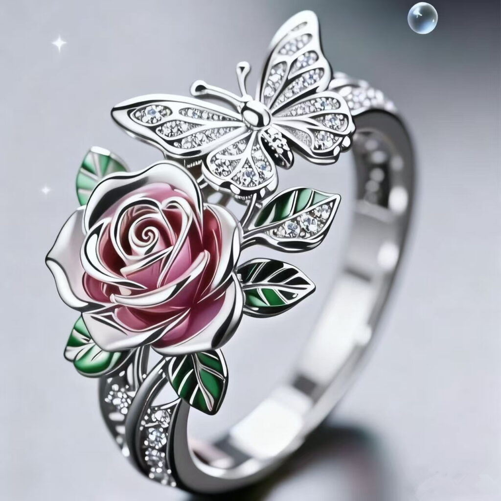 New Arrival Flower Oil Dripping Open Ring, Alloy Hot Sale Butterfly Diamond Ring For Women