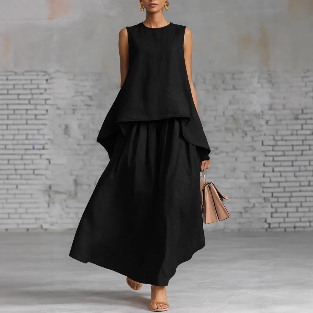 Elastic-waist Sleeveless Top With An Asymmetrical Hem And A Pleated Maxi Skirt