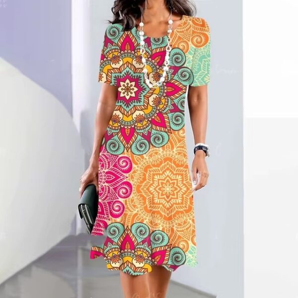 Womens Summer Classic 3D Digital Print Fashion Short-Sleeve Dress - Image 4