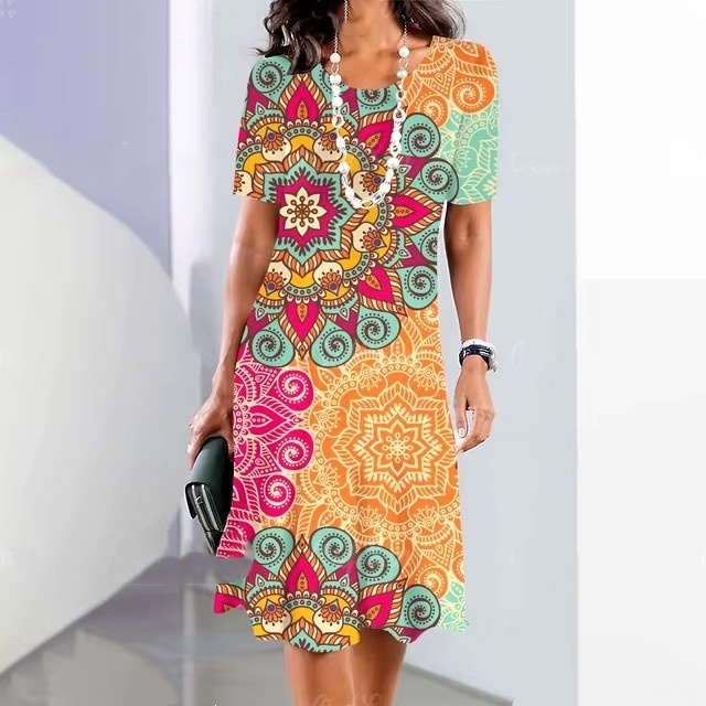 Womens Summer Classic 3D Digital Print Fashion Short-Sleeve Dress - Image 4