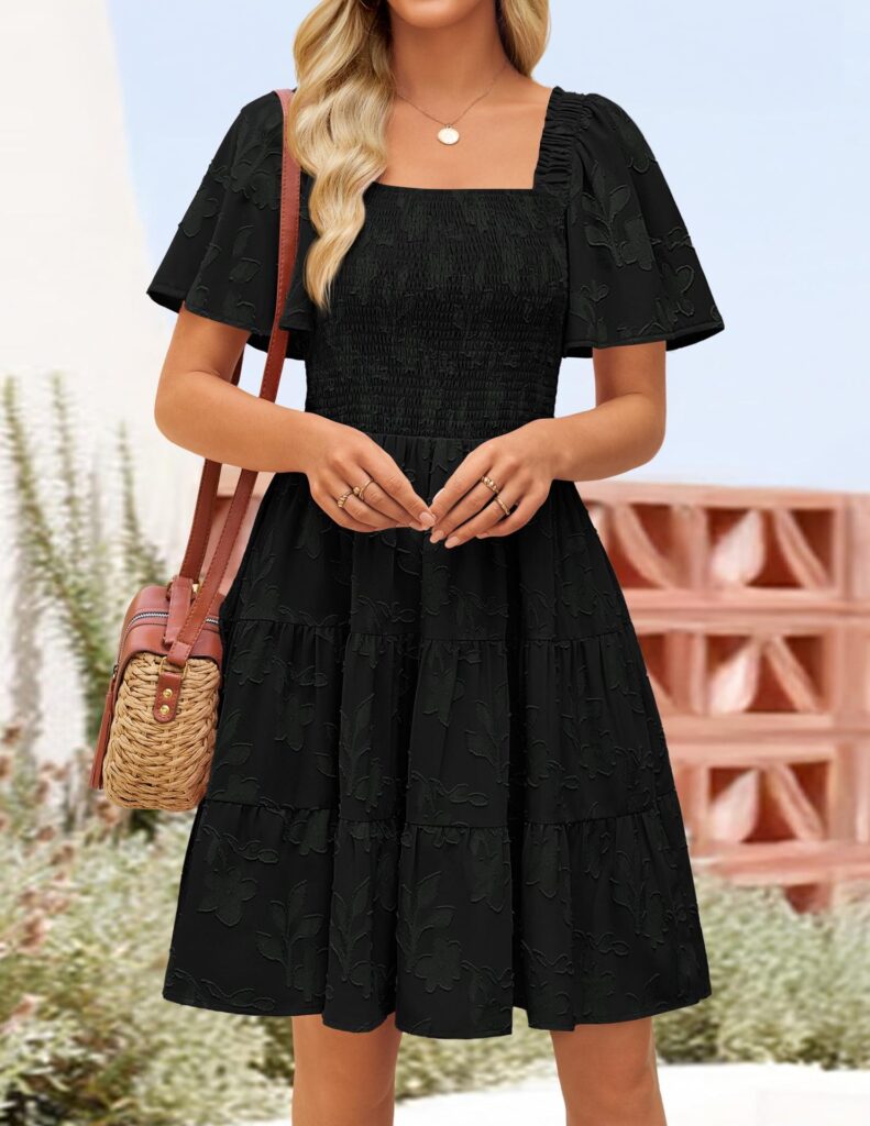 Short-sleeve Square-neck Flowy Floral Dress