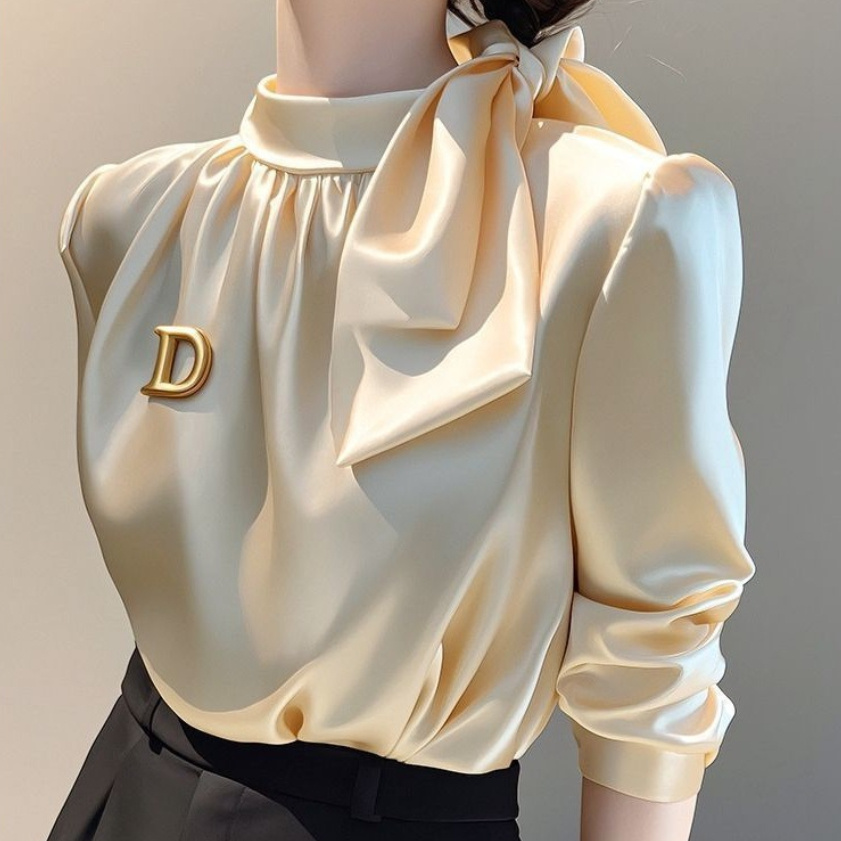 Champagne Satin Long-sleeve Shirt With A Bow-tie Tie-up Top - Image 1