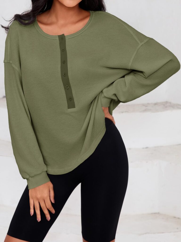 Fisoew Womens Cropped Sweatshirt Casual Waffle Knit Button V Neck Long Sleeve Loose Fit Fall Crop Tops