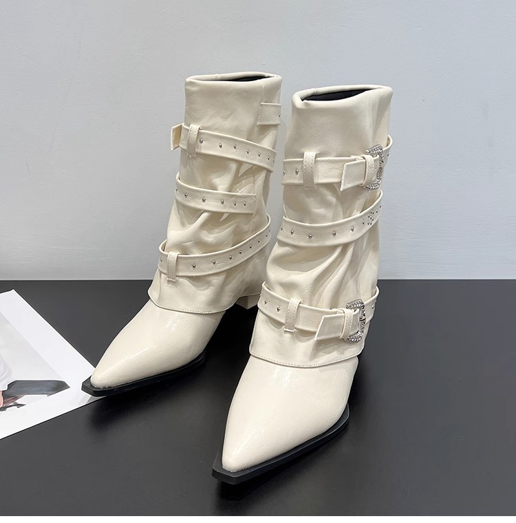 High-heeled Elegant Shaft-style Studded Belt-buckle Fashion Ankle Boots