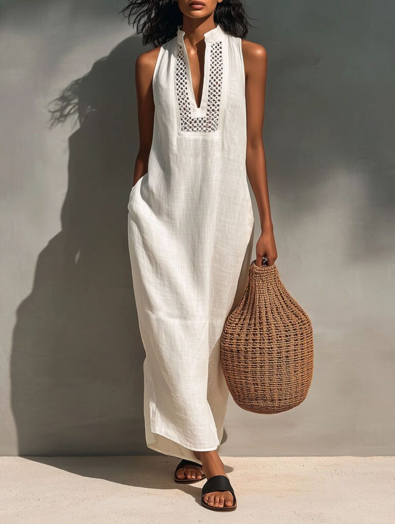 White Sleeveless Hollow-out V-Neck Long Loose Dress