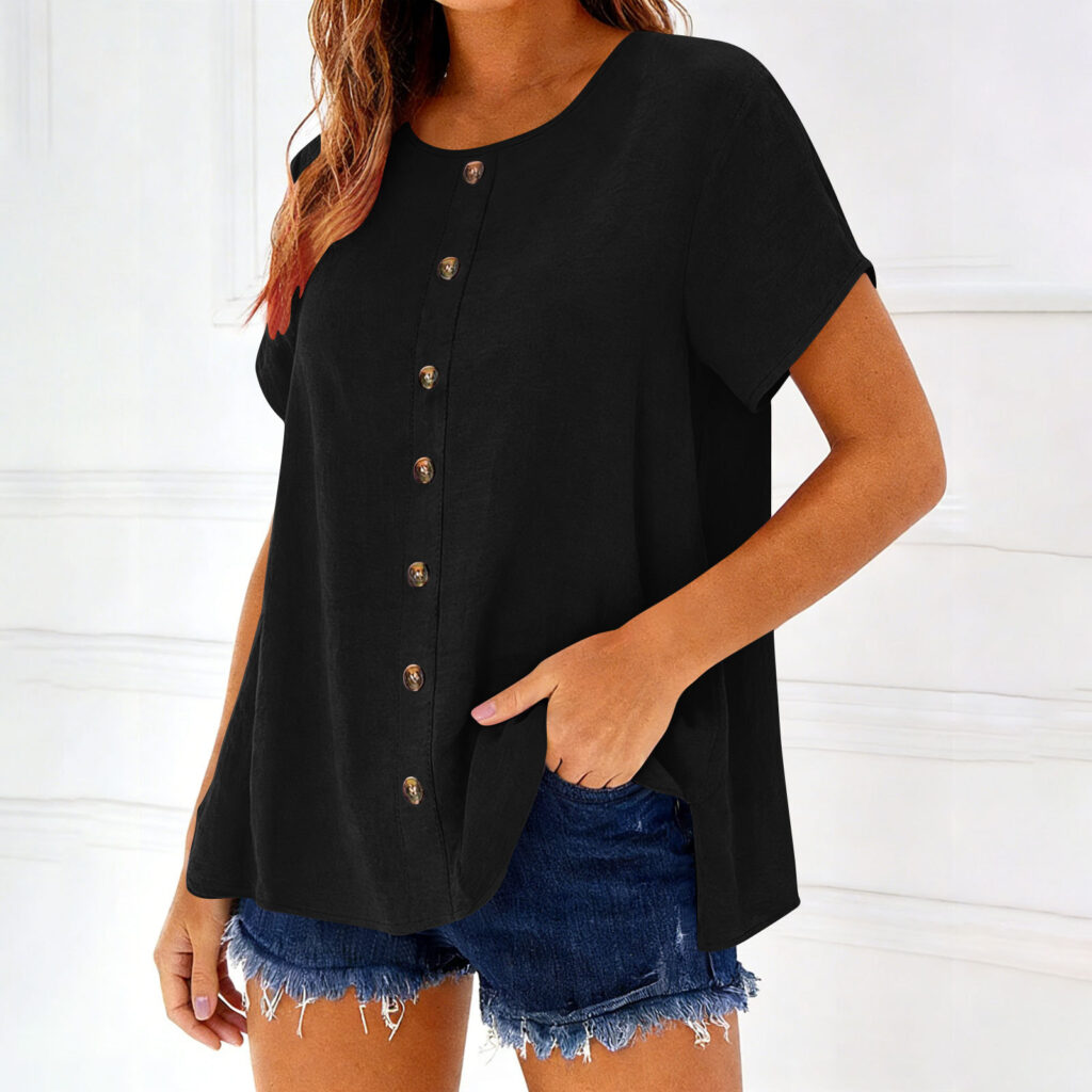 Decorative Girl Button Solid Color Short-Sleeve Crewneck T-Shirt Top