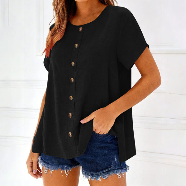 Decorative Girl Button Solid Color Short-Sleeve Crewneck T-Shirt Top - Image 15