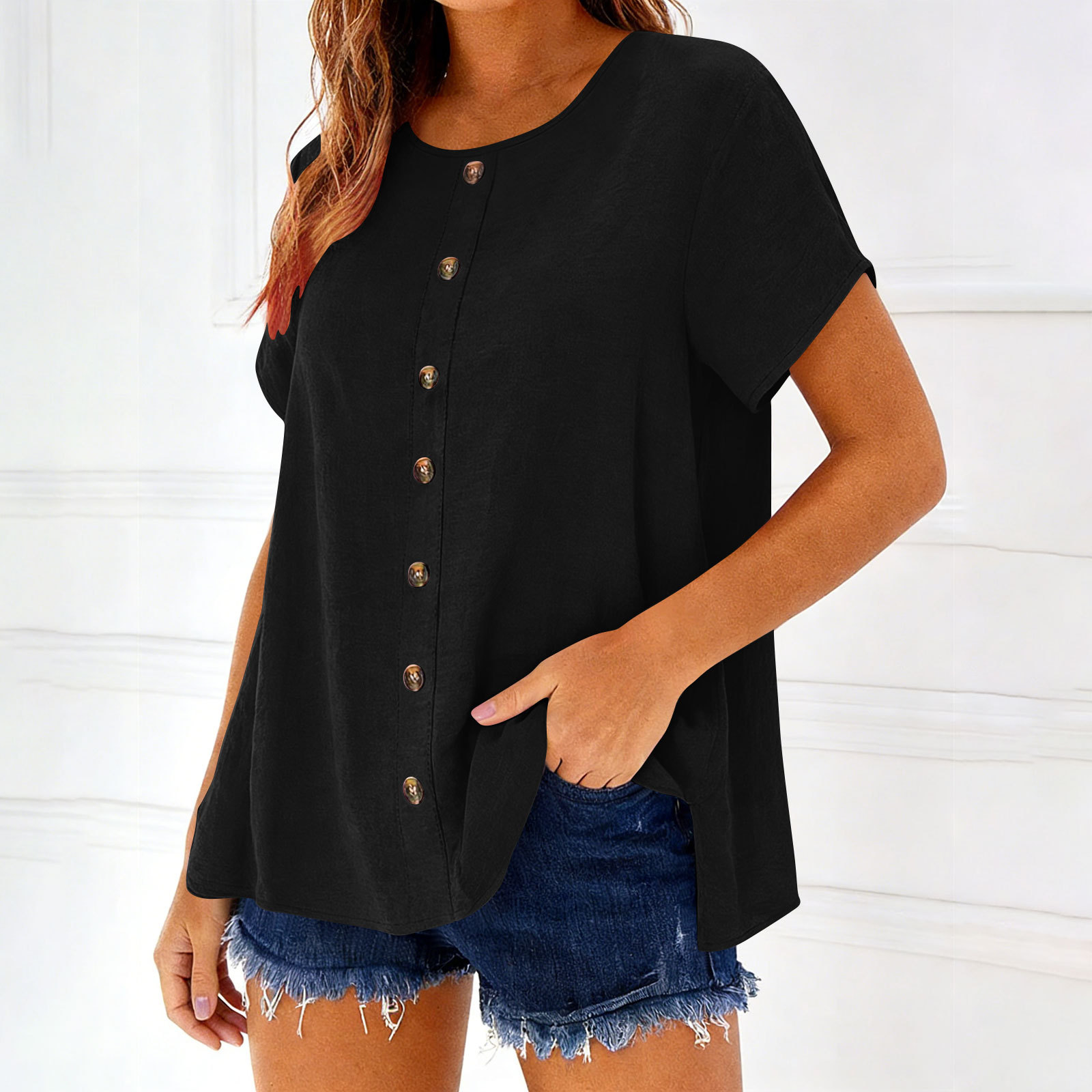 Decorative Girl Button Solid Color Short-Sleeve Crewneck T-Shirt Top - Image 15