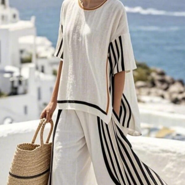 Summer Striped Suits Loose Batwing Sleeve T-shirt And Solid Straight-leg Pants