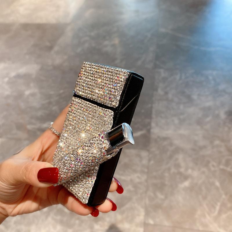 Light Luxury Diamond-studded Cigarette Case Inflatable Black Skin Moisture-proof Women - Image 1