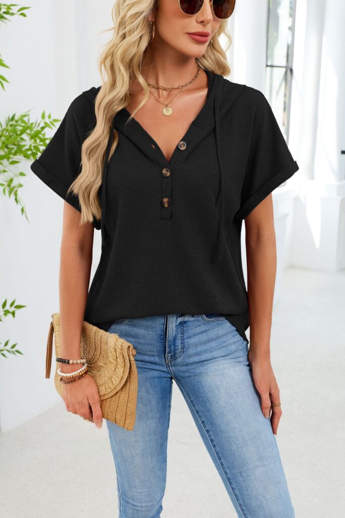 Womens Waffle-Weave Hooded Drawstring Short-Sleeve Top With Buttons