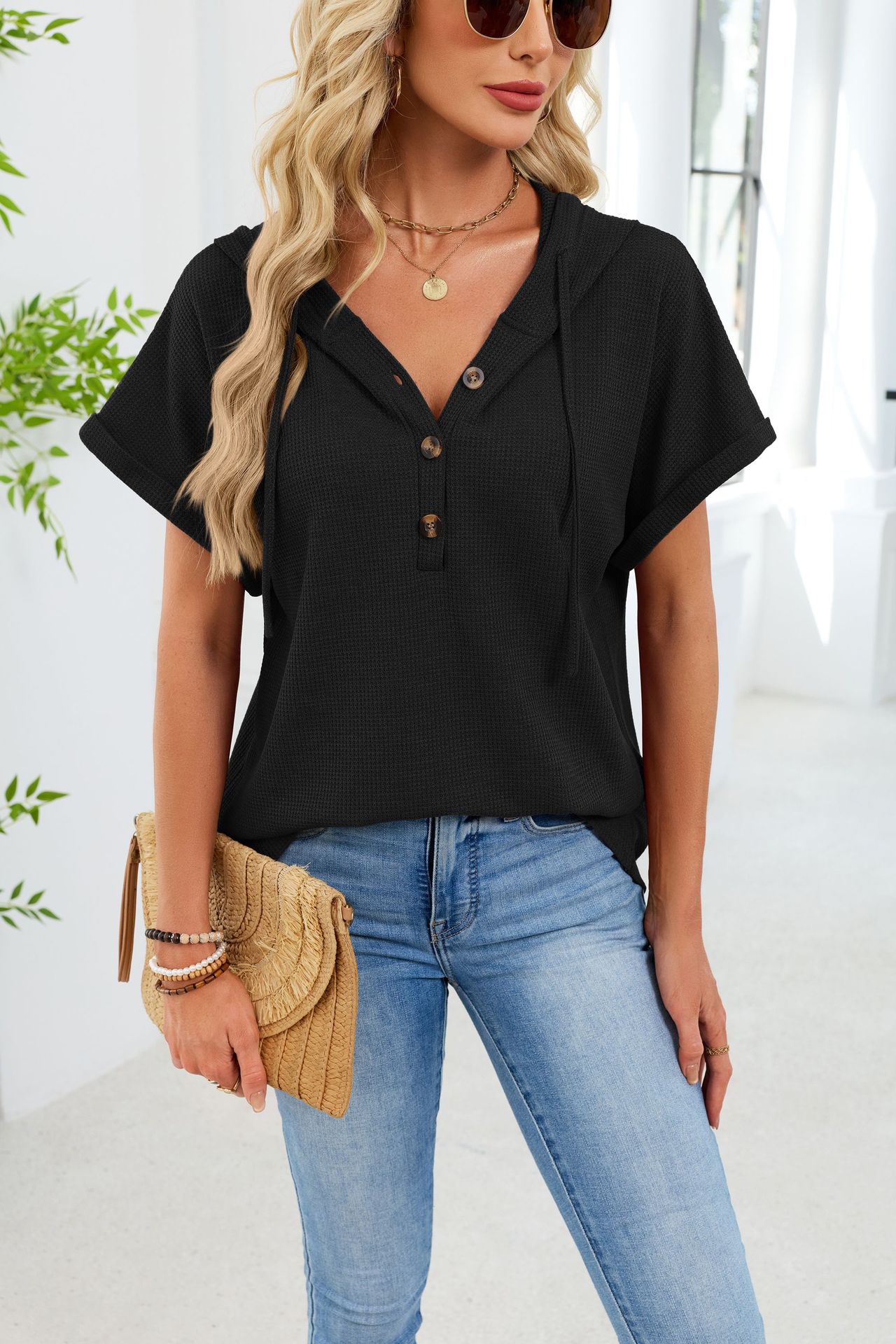 Womens Waffle-Weave Hooded Drawstring Short-Sleeve Top With Buttons - Image 26
