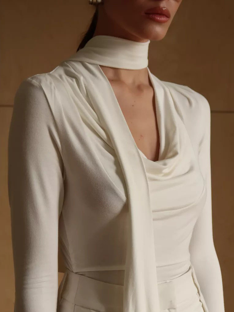 Ribbon V-neck Scarf Long-sleeved Base Shirt - Image 3