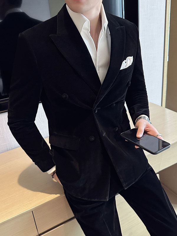 Men's Peak Lapel Double-breasted Velvet Two-piece Suit - Image 7