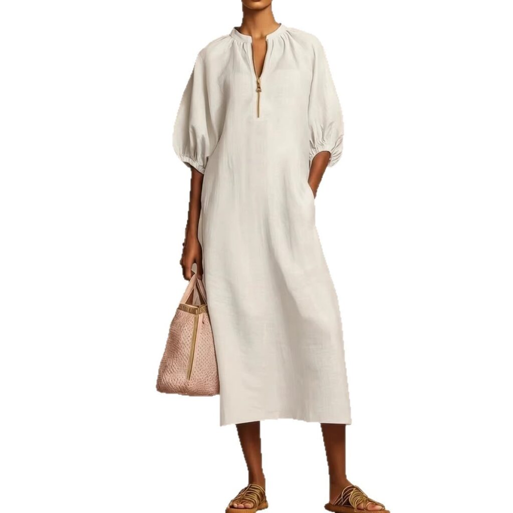 Womens Solid-Colored Cotton-Linen Loose-Fit Casual Puff-Sleeve Dress