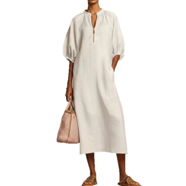 Womens Solid-Colored Cotton-Linen Loose-Fit Casual Puff-Sleeve Dress - Image 3