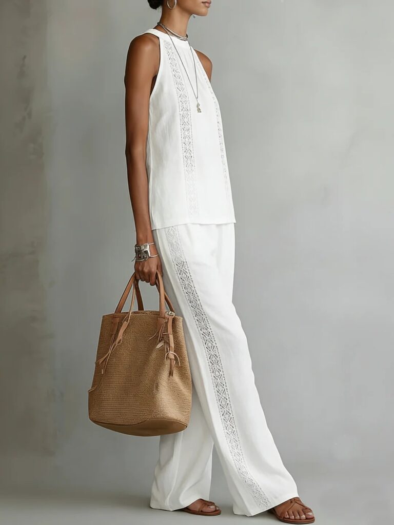 Womens Retro Lace Sleeveless Top And Wide-Leg Pants Two-Piece Set