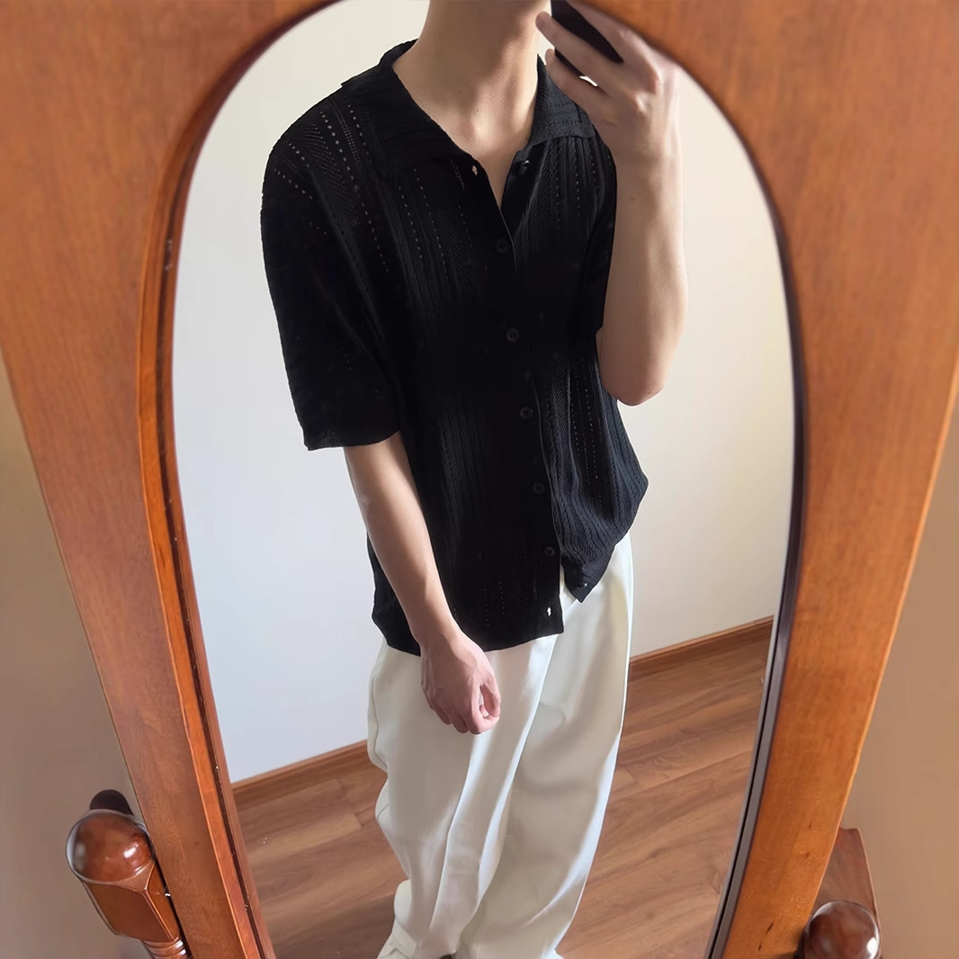 Hollow-out Vintage Lapel Knit Sweater For Men - Image 3