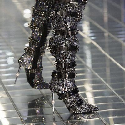 Hot-stone-embellished Skull-toe Studded Pointed-toe Over-the-knee Boots - Image 4