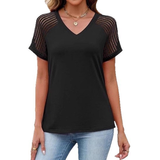 Loose-fitting Hollow-out Mesh Panel V-neck Short-sleeve Top - Image 3