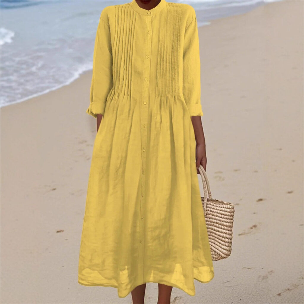 Long-sleeve Cotton-linen Womens Dress With A Shirt Collar
