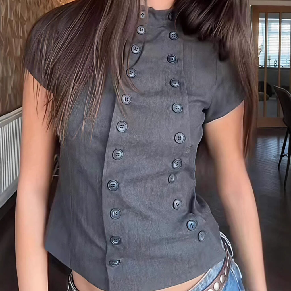 Womens Slim-fit Short-sleeve Top With Double-breasted Buttons And A Stand-up Collar