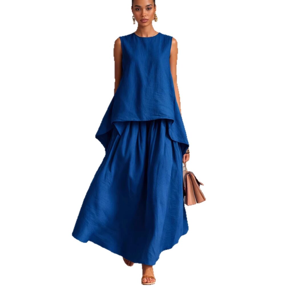 Elastic-waist Sleeveless Top With An Asymmetrical Hem And A Pleated Maxi Skirt