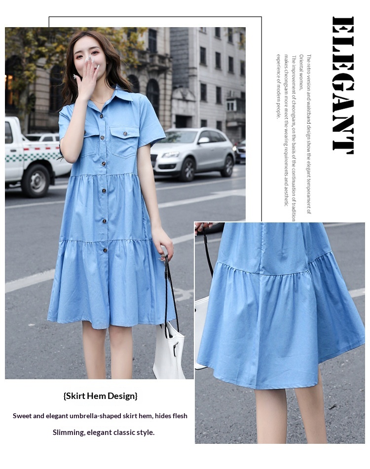 Single-breasted Pocketed Short-sleeve Denim Dress - Image 8