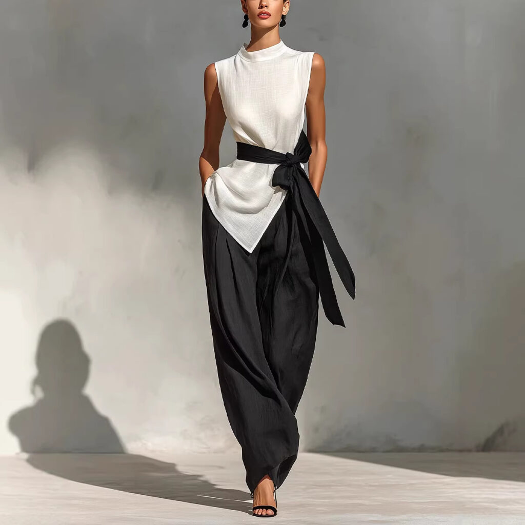 Womens Lace-Up Sleeveless Top And Wide-Leg Pants Two-Piece Set